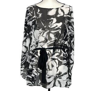 Chico's Kimono Top Blouse Size 1 US Medium Black White Floral Sheer Belted Boho